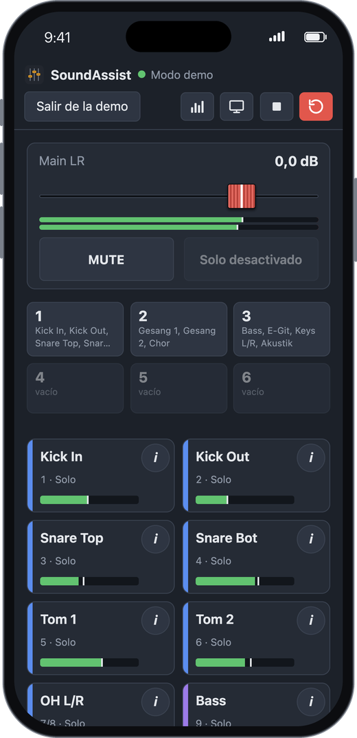 Vista de escenario en un iPhone: fader Main LR con mute, botón «Solo desactivado», grupos de mute y mosaicos de canal