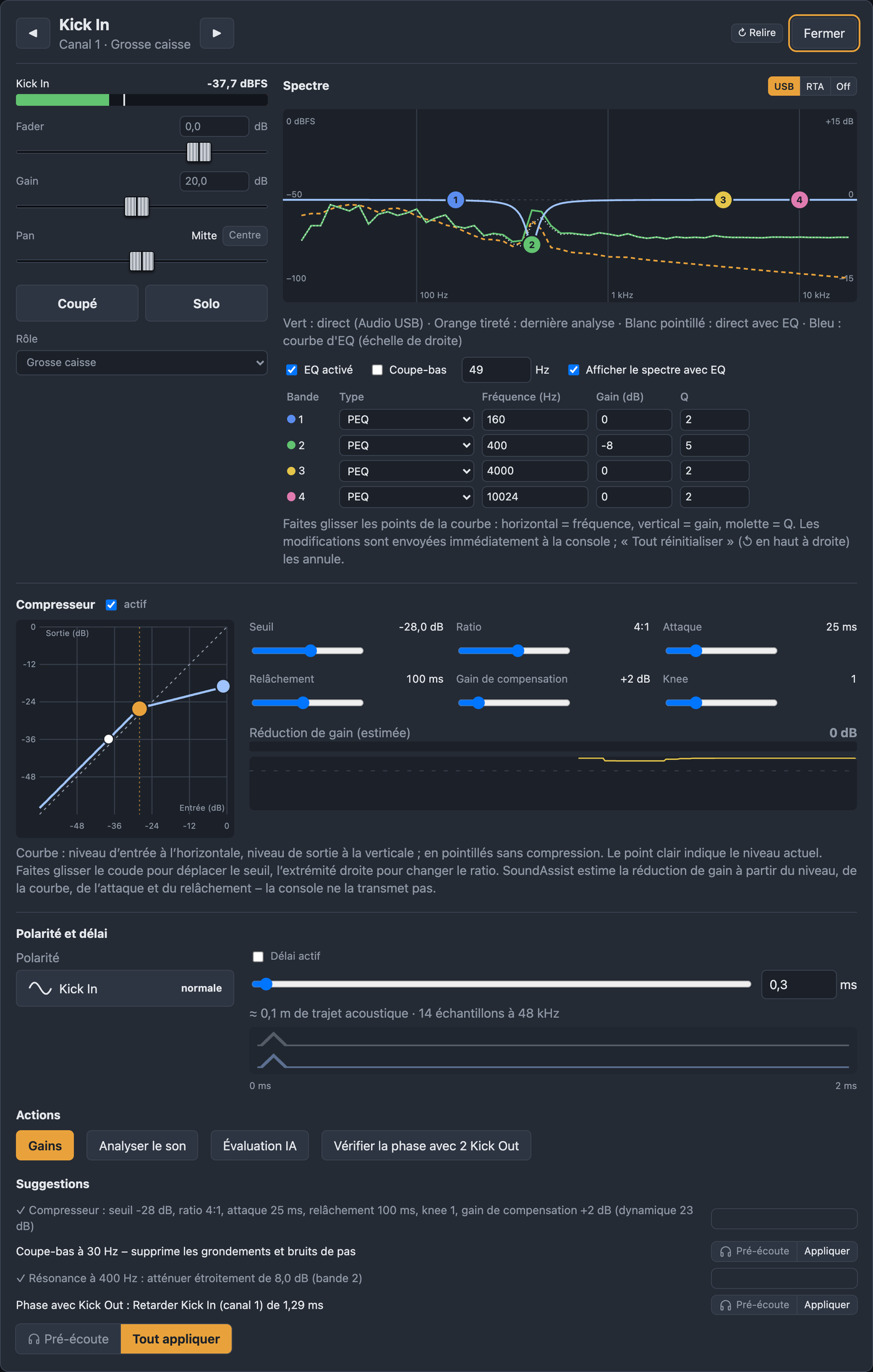 Vue canal de Kick In avec fader, gain, panoramique, spectre en direct, courbe d’EQ, courbe de transfert du compresseur avec réduction de gain, polarité, délai et suggestions